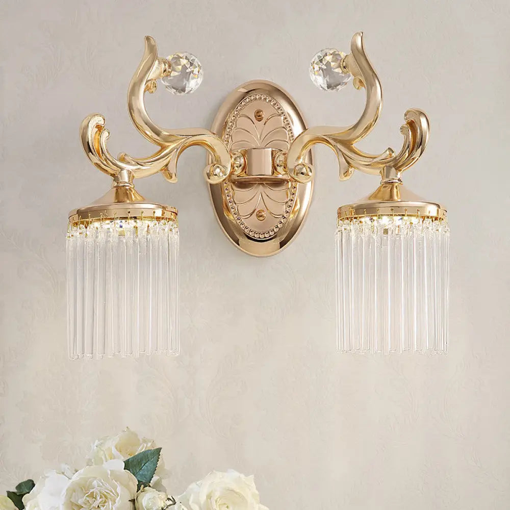 Vintage Crystal Wall Light With Gold Curved Arm & 1/2 Bulbs For Clear Pipe Lighting 2 /