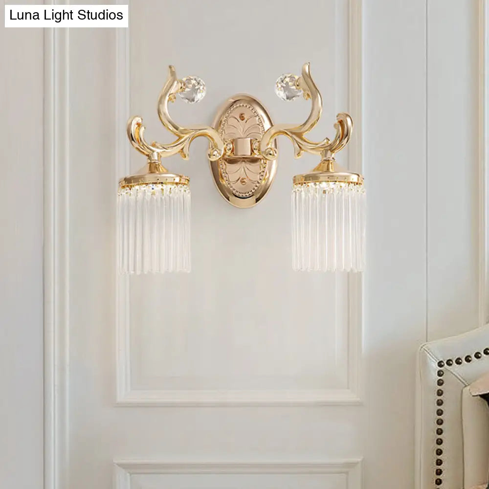 Vintage Crystal Wall Light With Gold Curved Arm & 1/2 Bulbs For Clear Pipe Lighting