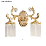 Vintage Crystal Wall Light With Gold Curved Arm & 1/2 Bulbs For Clear Pipe Lighting