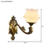 Vintage Curved Arm Brass Wall Lamp With Flower Milk Glass Shade