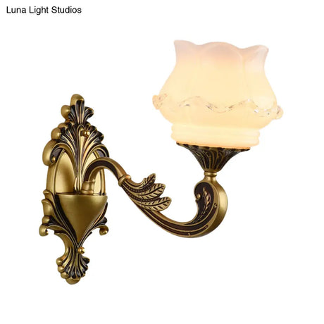 Vintage Curved Arm Brass Wall Lamp With Flower Milk Glass Shade