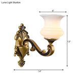 Vintage Curved Arm Brass Wall Lamp With Flower Milk Glass Shade