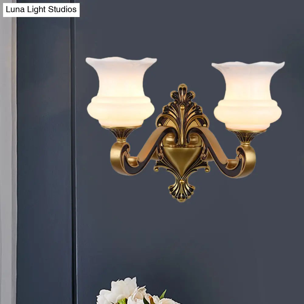 Vintage Curved Arm Brass Wall Lamp With Flower Milk Glass Shade