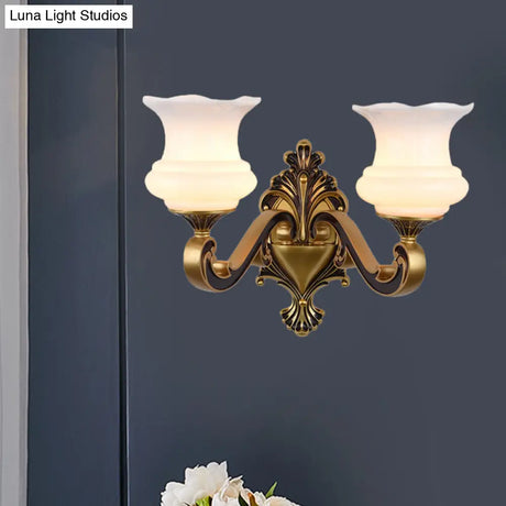 Vintage Curved Arm Brass Wall Lamp With Flower Milk Glass Shade