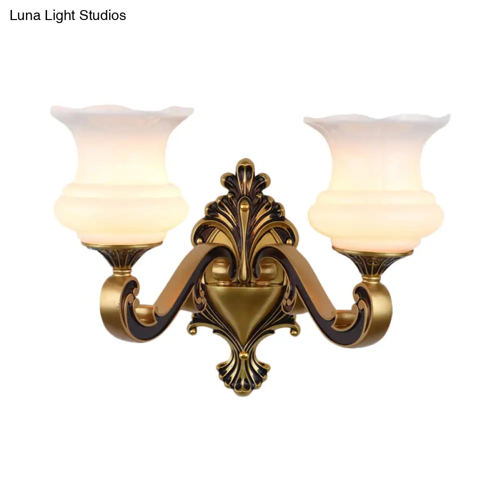 Vintage Curved Arm Brass Wall Lamp With Flower Milk Glass Shade