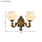 Vintage Curved Arm Brass Wall Lamp With Flower Milk Glass Shade