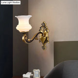 Vintage Curved Arm Brass Wall Lamp With Flower Milk Glass Shade