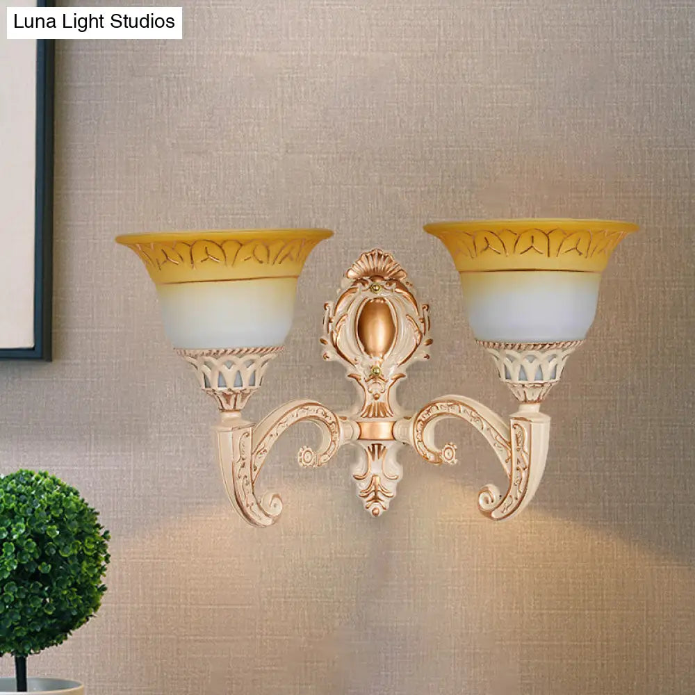 Vintage Curved Arm Metal Wall Lamp: 1/2-Head Sconce With Beige Glass Shade For Living Room