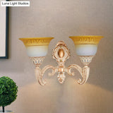 Vintage Curved Arm Metal Wall Lamp: 1/2-Head Sconce With Beige Glass Shade For Living Room