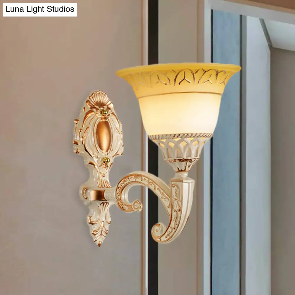 Vintage Curved Arm Metal Wall Lamp: 1/2-Head Sconce With Beige Glass Shade For Living Room