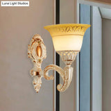 Vintage Curved Arm Metal Wall Lamp: 1/2-Head Sconce With Beige Glass Shade For Living Room