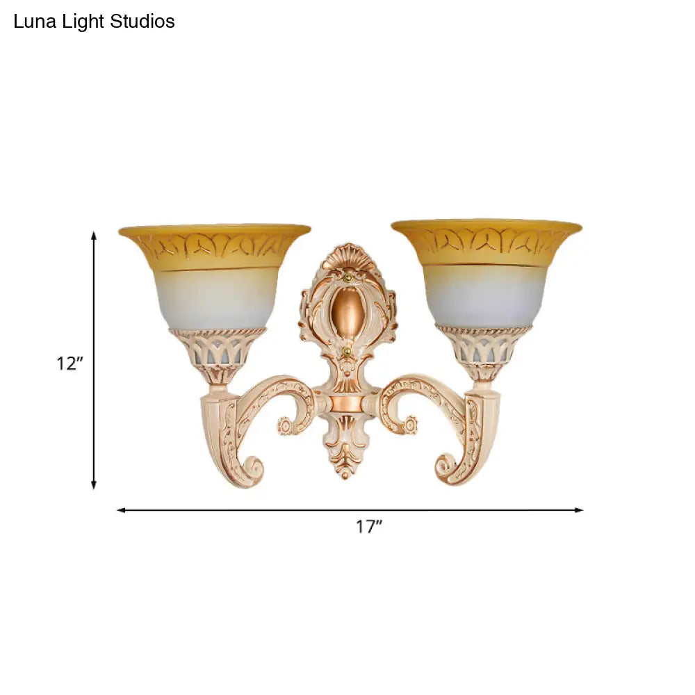 Vintage Curved Arm Metal Wall Lamp: 1/2-Head Sconce With Beige Glass Shade For Living Room
