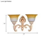 Vintage Curved Arm Metal Wall Lamp: 1/2-Head Sconce With Beige Glass Shade For Living Room