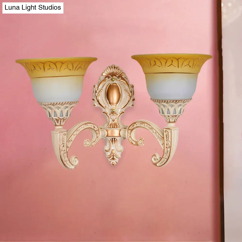 Vintage Curved Arm Metal Wall Lamp: 1/2-Head Sconce With Beige Glass Shade For Living Room