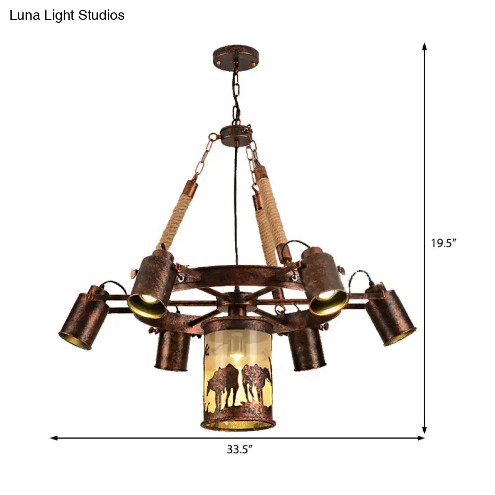 Vintage Cylinder Metal Chandelier - 4/7 Light Pendant In Weathered Copper For Dining Room Lighting