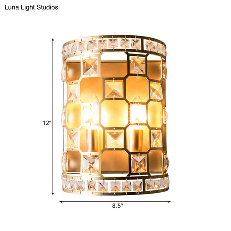 Vintage Cylindrical Crystal Wall Light: 2-Head Gold Flush Mount Sconce For Bedside