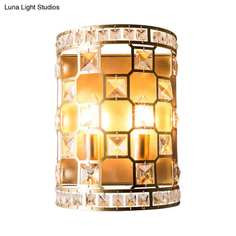 Vintage Cylindrical Crystal Wall Light: 2-Head Gold Flush Mount Sconce For Bedside