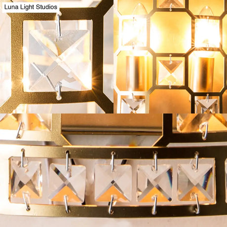 Vintage Cylindrical Crystal Wall Light: 2-Head Gold Flush Mount Sconce For Bedside