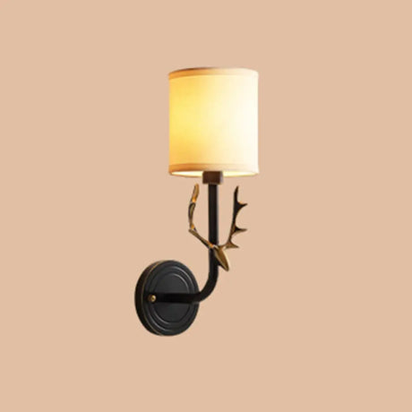 Vintage Cylindrical Fabric Wall Light With Antler Décor - Elegant Corridor Lamp 1 / Black