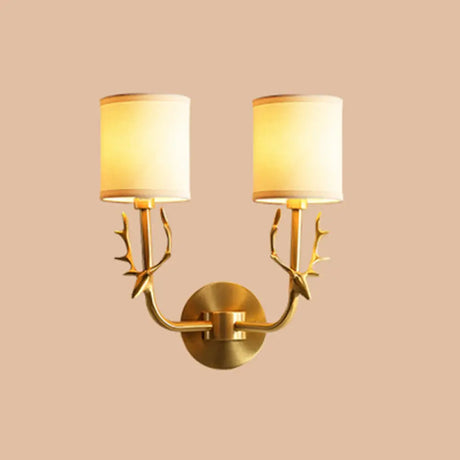 Vintage Cylindrical Fabric Wall Light With Antler Décor - Elegant Corridor Lamp 2 / Brass