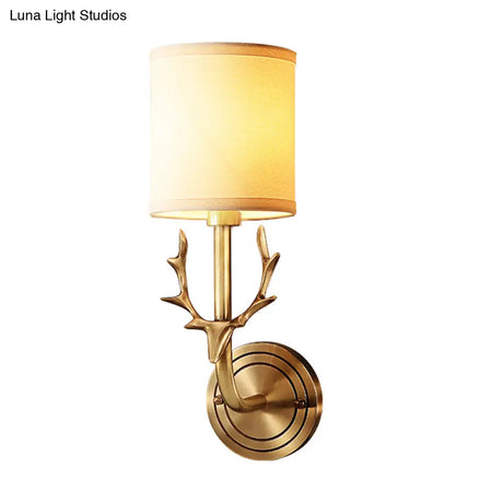 Vintage Cylindrical Fabric Wall Light With Antler Décor - Elegant Corridor Lamp