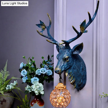 Vintage Deer Head Resin Sconce: Single Bulb Wall Mounted Lamp Blue/White/Wood Globe Crystal Shade