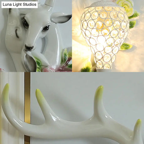 Vintage Deer Head Wall Sconce With Crystal Shade And Gold Accent Light