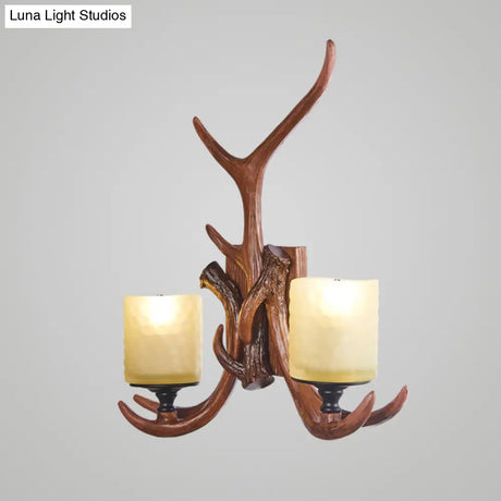 Vintage Deer Horn Wall Lamp With Cylinder Beige Glass Shade For Restaurants