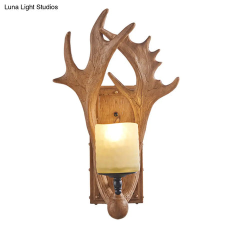 Vintage Deer Horn Wall Lamp With Cylinder Beige Glass Shade For Restaurants