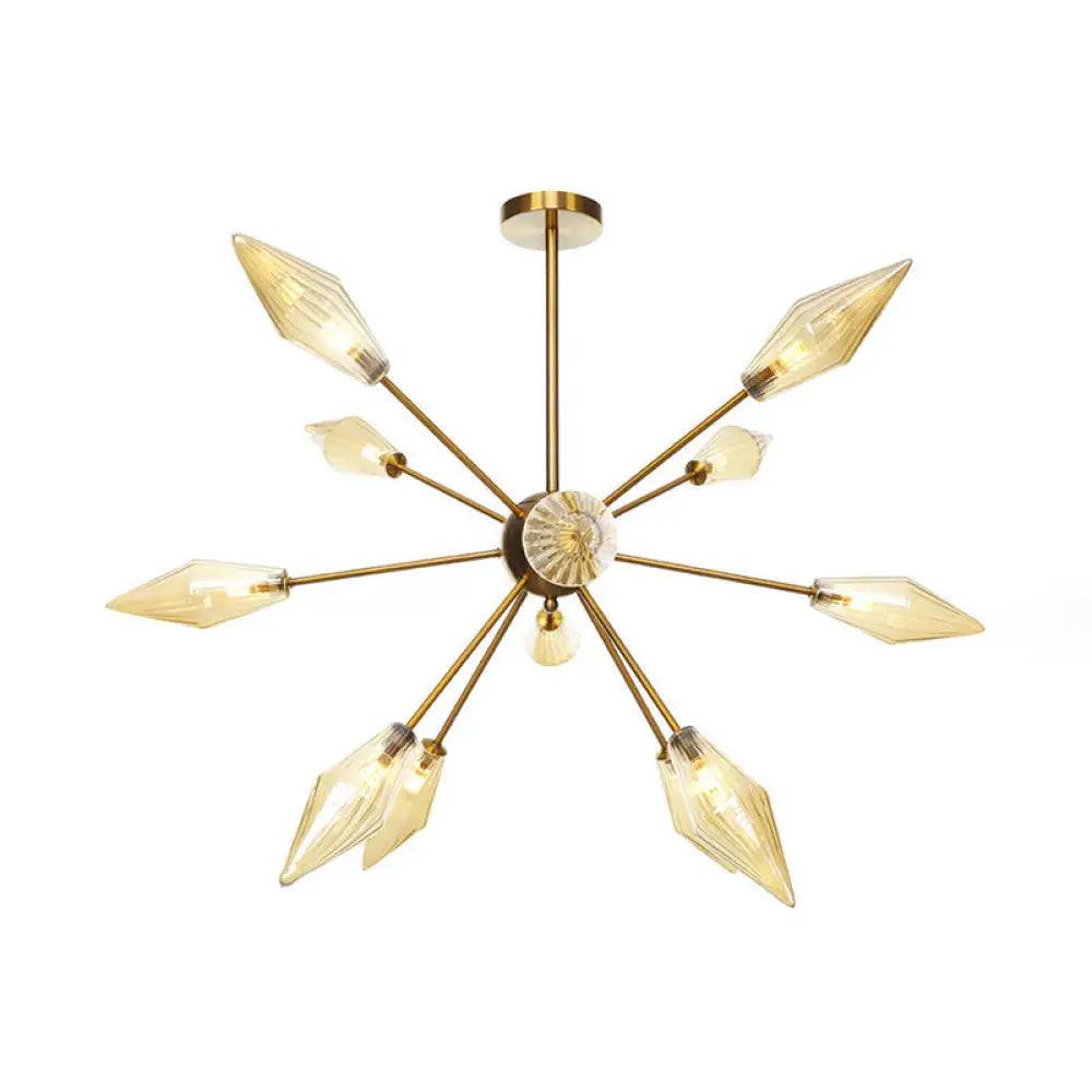 Vintage Diamond Hanging Fixture Chandelier - Amber/Clear Glass 9/12/15 Heads Adjustable Rod For