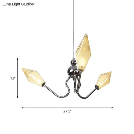 Vintage Diamond Hanging Lamp: Amber/Clear Glass 3-Head Chandelier With Adjustable Cord -