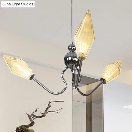 Vintage Diamond Hanging Lamp: Amber/Clear Glass 3-Head Chandelier With Adjustable Cord -