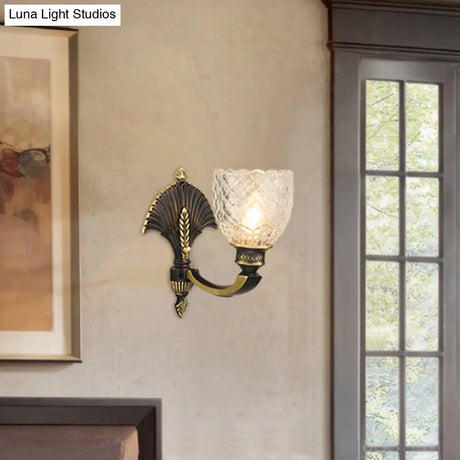 Vintage Dome Brass Wall Sconce With Curved Arm - 1/2-Light Clear Glass Fixture For Study Room