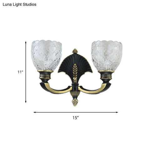Vintage Dome Brass Wall Sconce With Curved Arm - 1/2-Light Clear Glass Fixture For Study Room