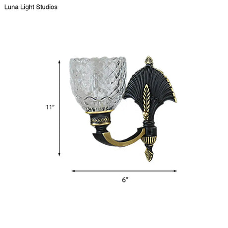 Vintage Dome Brass Wall Sconce With Curved Arm - 1/2-Light Clear Glass Fixture For Study Room