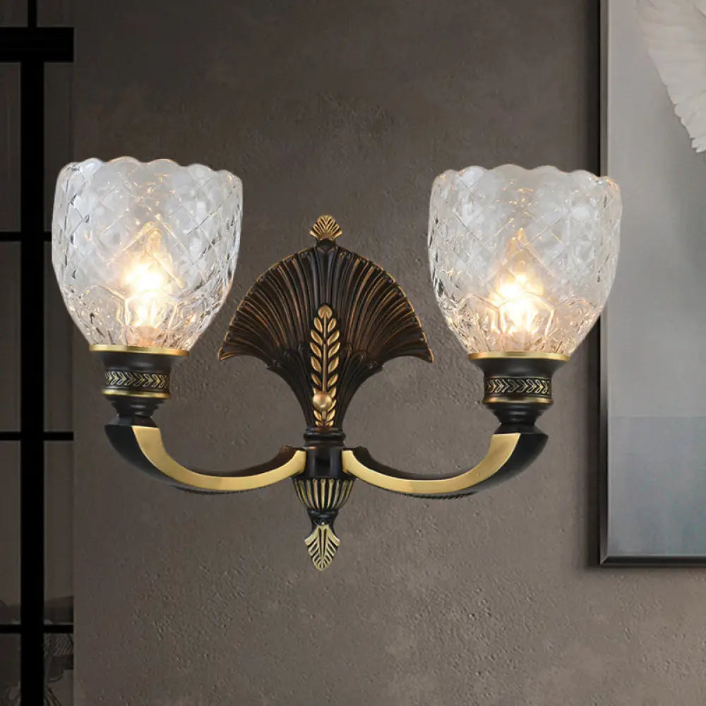 Vintage Dome Brass Wall Sconce With Curved Arm - 1/2-Light Clear Glass Fixture For Study Room 2 /