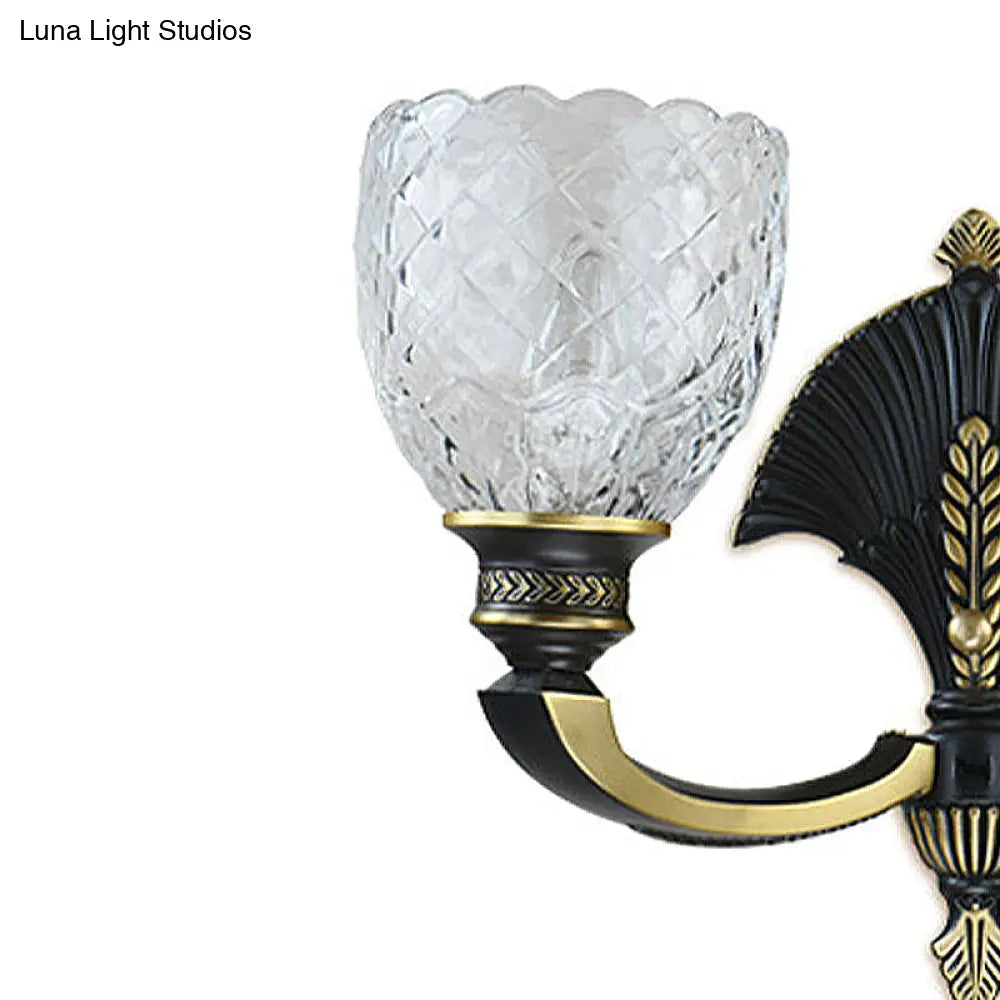 Vintage Dome Brass Wall Sconce With Curved Arm - 1/2-Light Clear Glass Fixture For Study Room