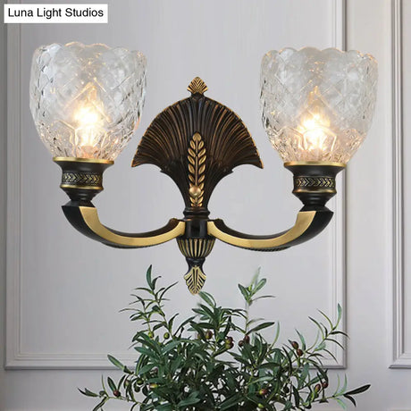 Vintage Dome Brass Wall Sconce With Curved Arm - 1/2-Light Clear Glass Fixture For Study Room