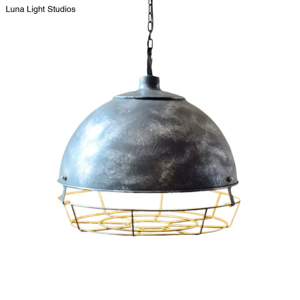 Vintage Dome Pendant Lamp - 1 Head Iron Hanging Light Fixture In Black/Silver For Dining Room