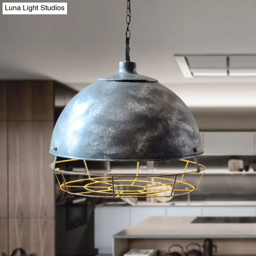 Vintage Dome Pendant Lamp - 1 Head Iron Hanging Light Fixture In Black/Silver For Dining Room