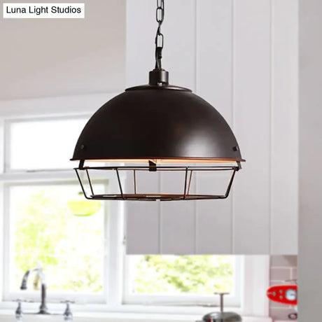 Vintage Dome Pendant Lamp - 1 Head Iron Hanging Light Fixture In Black/Silver For Dining Room