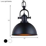 Vintage Dome Pendant Light In Black/White - Metal Hanging Lamp For Dining Room