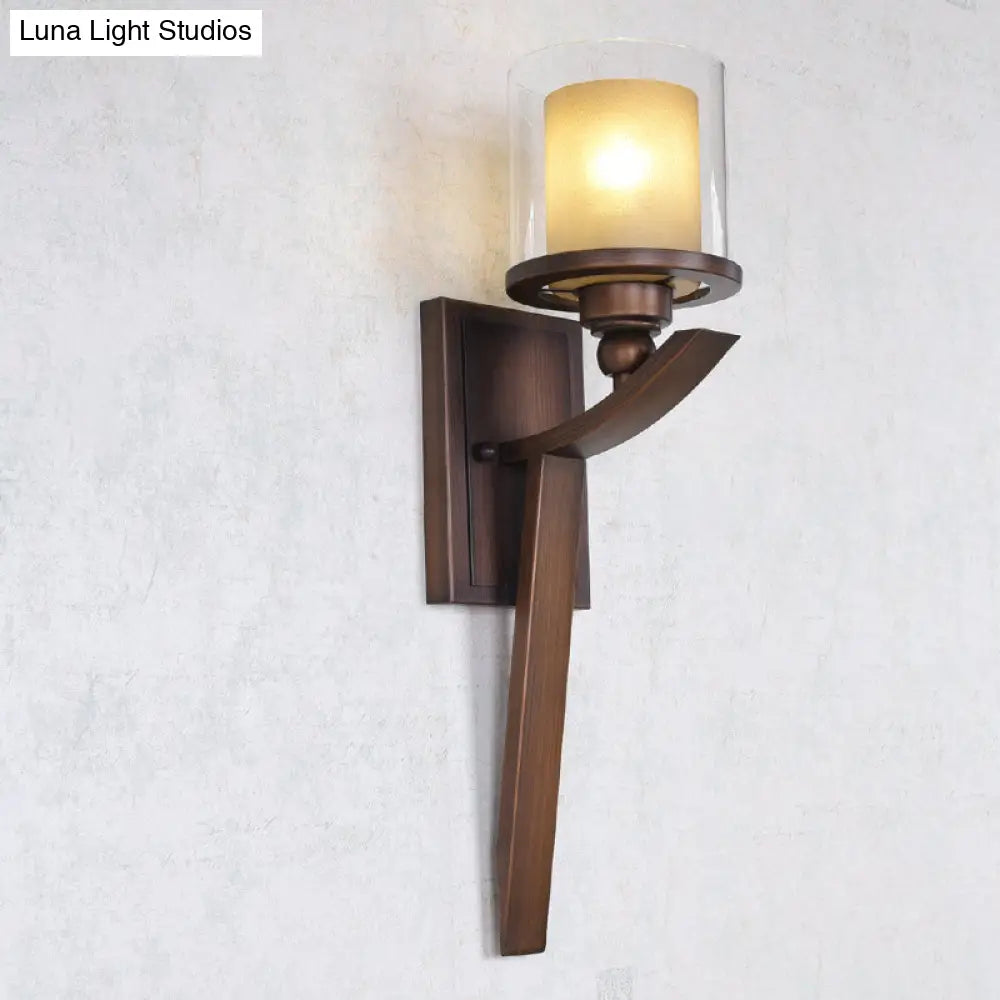 Vintage Double-Layer Glass Wall Cylinder 1-Bulb Light Fixture For Bedroom - Brown