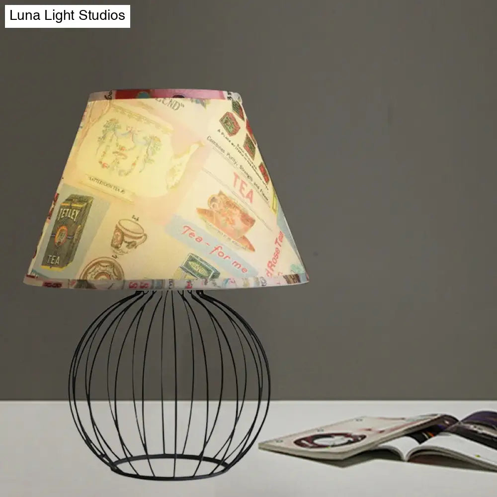 Vintage Fabric Black Nightstand Light With Orb Cage Base - Elegant Desk Lighting For Living Room And