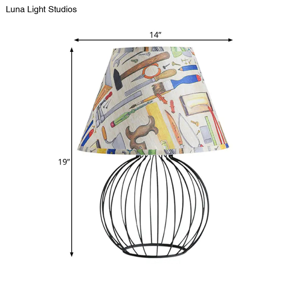 Vintage Fabric Black Nightstand Light With Orb Cage Base - Elegant Desk Lighting For Living Room And