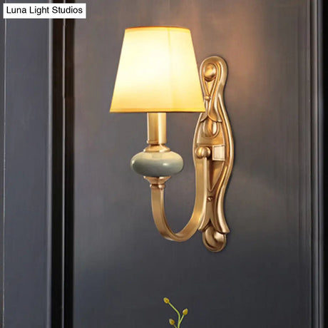 Vintage Fabric Brass Wall Sconce With Tapered Shade - 1 Light Mount Fixture For Living Room
