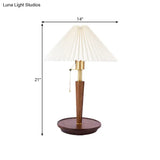 Vintage Fabric Fluted Cone Table Light With Wooden Base And Pull Chain - Ideal For Bedroom Reading