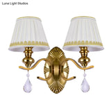 Vintage Fabric Gold Wall Sconce With Crystal Drop - Empire Shade 1/2-Light Mount Fixture