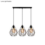 Vintage Faceted Cage Ceiling Fixture 3 Bulbs Pendant Lighting Black Metal For Dining Table