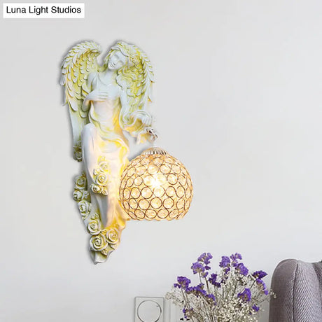 Vintage Faceted Crystal Sconce With Angel Resin Decor For Dining Room Wall Lighting In White/Gold